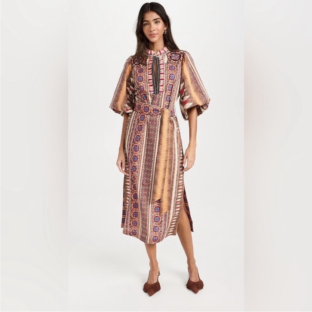 Figue Dani Belted Embroidered Studded Ikat‎ Brown Cotton Midi Dress L NWT $648